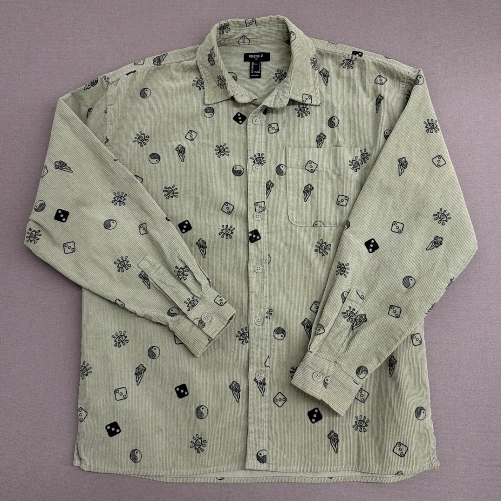 Forever 21 Mens Corduroy Button Down Shirt Sage Green Dice Yin Yang Print Large